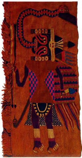 Paracas textile with figure holding black-tipped projectiles (Lavalle and Lang 1983: 950)
