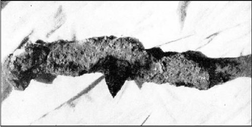 Obsidian Point penetrating through arm muscle near left humerus found at Carhua in Ica, Peru (Engel 1966: 212).